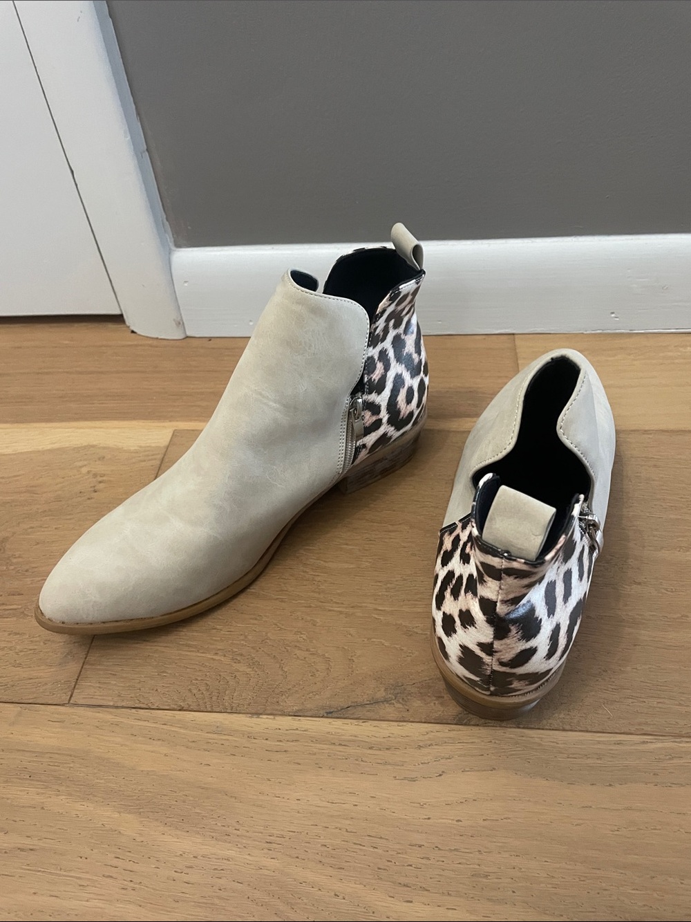 Women’s Beige Suede Ankle Boot with Leopard Back